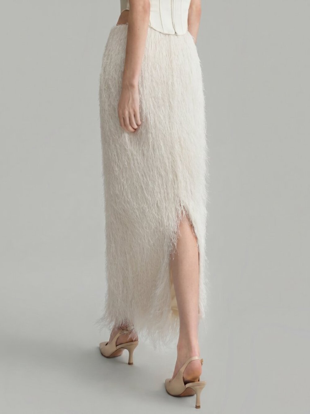 Women’s White Feather Fringe Maxi Skirt Elegant High Slit Statement Skirt